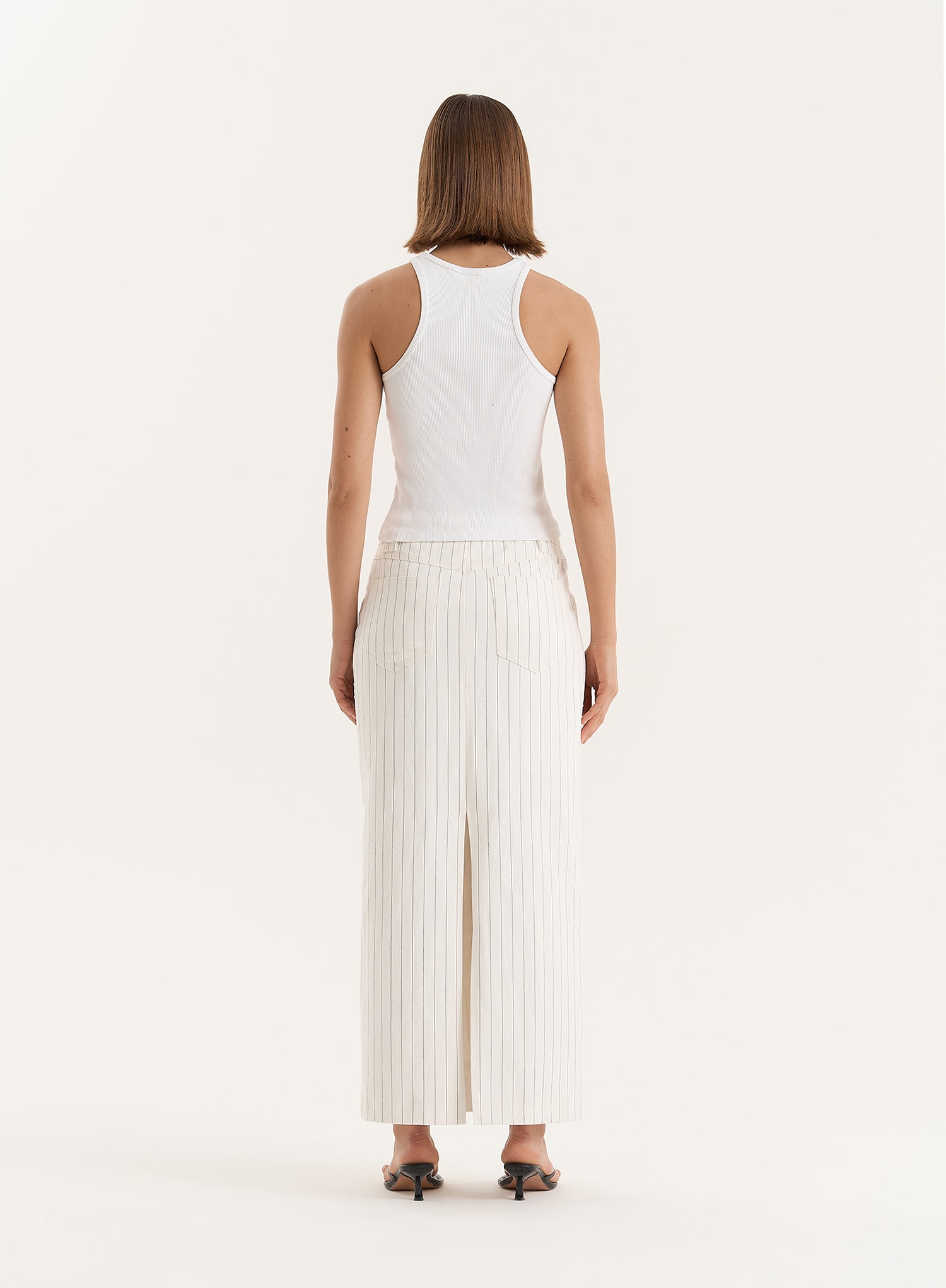 White Pinstripe Tailored Denim Maxi Skirt